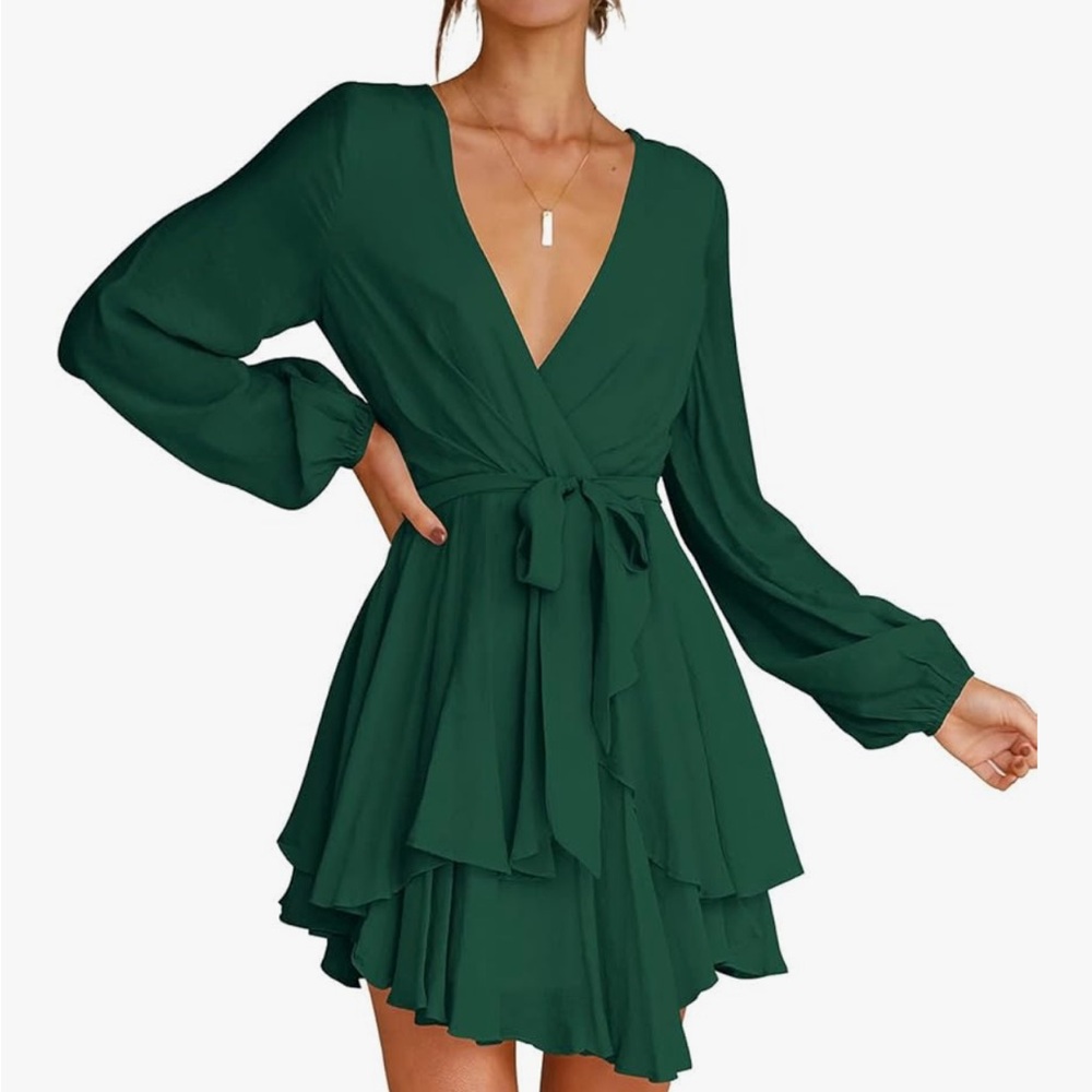 Green Long-Sleeve Wrap Dress